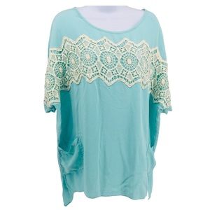 Green Top Blouse Lace Accent Oversized Slouch Pockets 2XL
